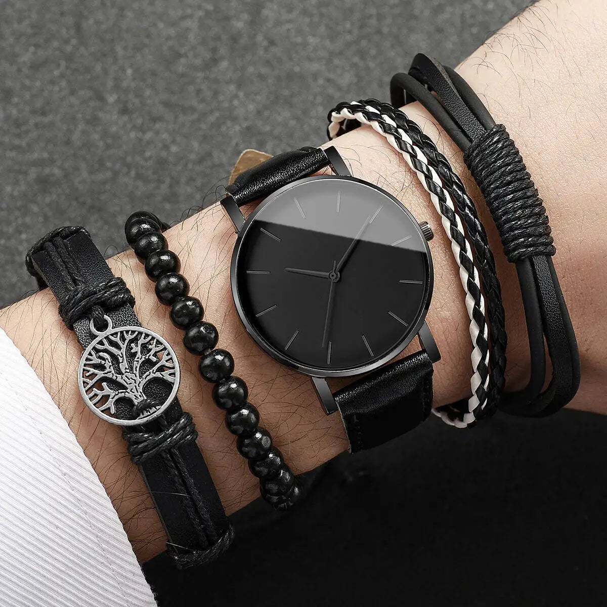 Montres Homme Tendance Ville — Cuir Quartz Vintage Ensemble Bracelets 4-5 Pièces