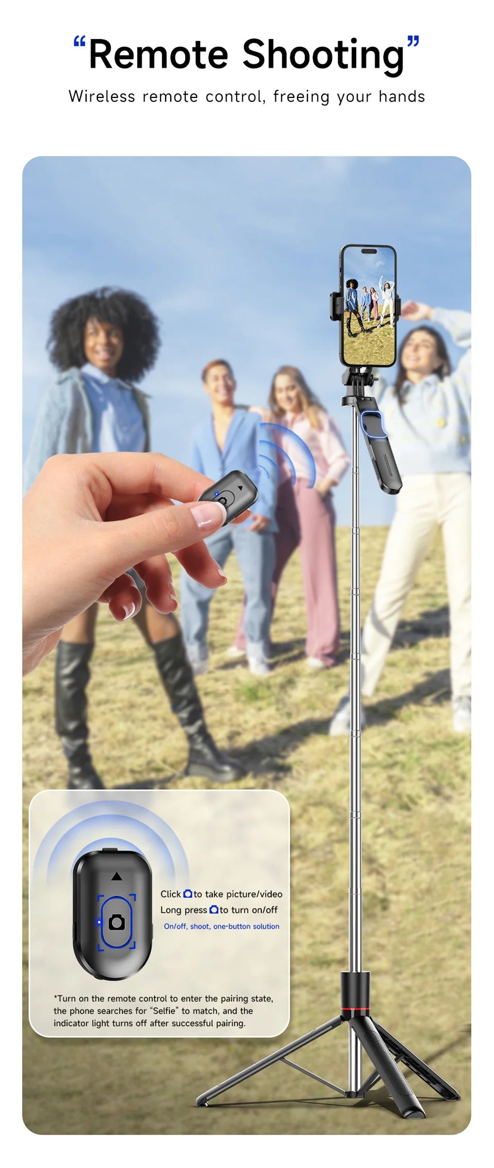 Trépied perche à selfie avec lumière de remplissage — 1708mm, télécommande Bluetooth, rotation 360°, interface 1/4