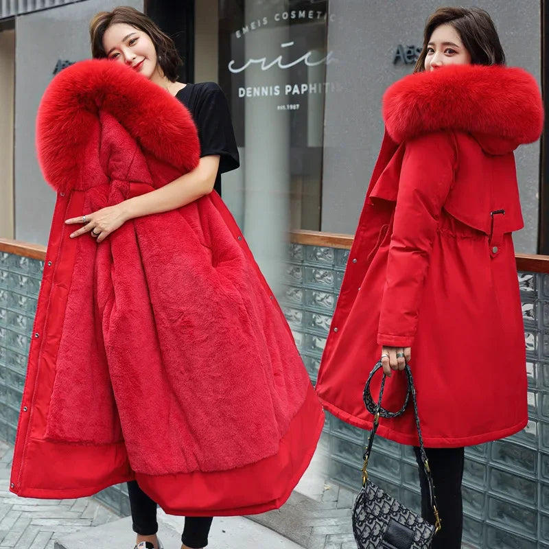 Parka d'hiver 2024 nouvelles femmes veste vêtements manteau Long doublure en laine à capuche col de fourrure épais chaud vêtements de neige mode Parka