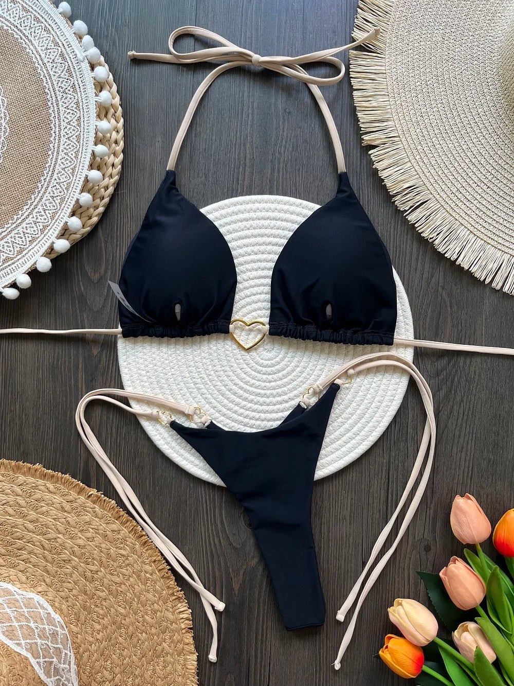 RUOTONSEPT-Maillot de bain deux pièces sexy pour femme, bikini brésilien, couleur unie, col licou, triangle, culotte tanga