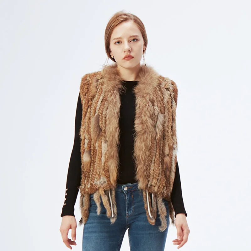 Gilet à glands en véritable fourrure de lapin tricoté — vintage, garniture fourrure raton laveur