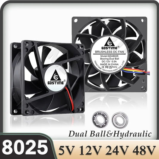 Ventilateur de refroidissement Gdstime 8025 2 broches 48V DC 5V 12V 24V 80mm, ventilateur axial USB à double roulement à billes 80x80x25mm, ventilateur de refroidissement pour boîtier PC 8CM