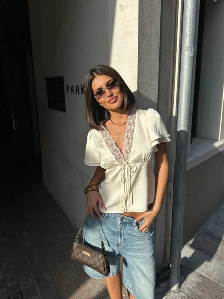 Ahagaga décontracté haut pour femme solide dentelle col manches courtes Satin mince bouton régulier Eelgant Streetwear t-shirts femme basique t-shirts