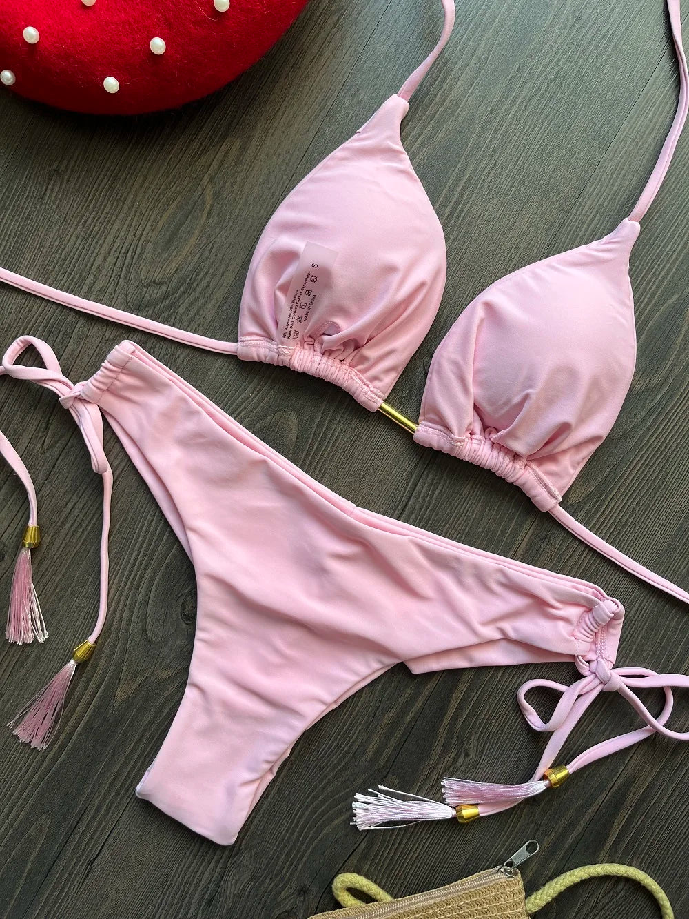 2025 nouveau Triangle Sexy maillot de bain pour femmes Bikinis brésiliens licou maillots de bain Push Up maillot de bain chaîne en métal plage Bikini ensemble
