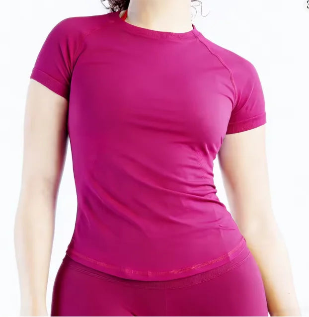 T-shirt de sport pour femme — manches courtes, col rond, respirant, élastique, course, fitness, yoga, entraînement