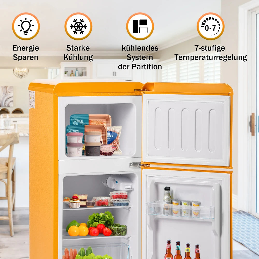 Frigorífico combi retro 45,5 cm de ancho, 2 puertas, 60 litros de volumen total, volumen de congelador 22 litros. 102 KWh/año,