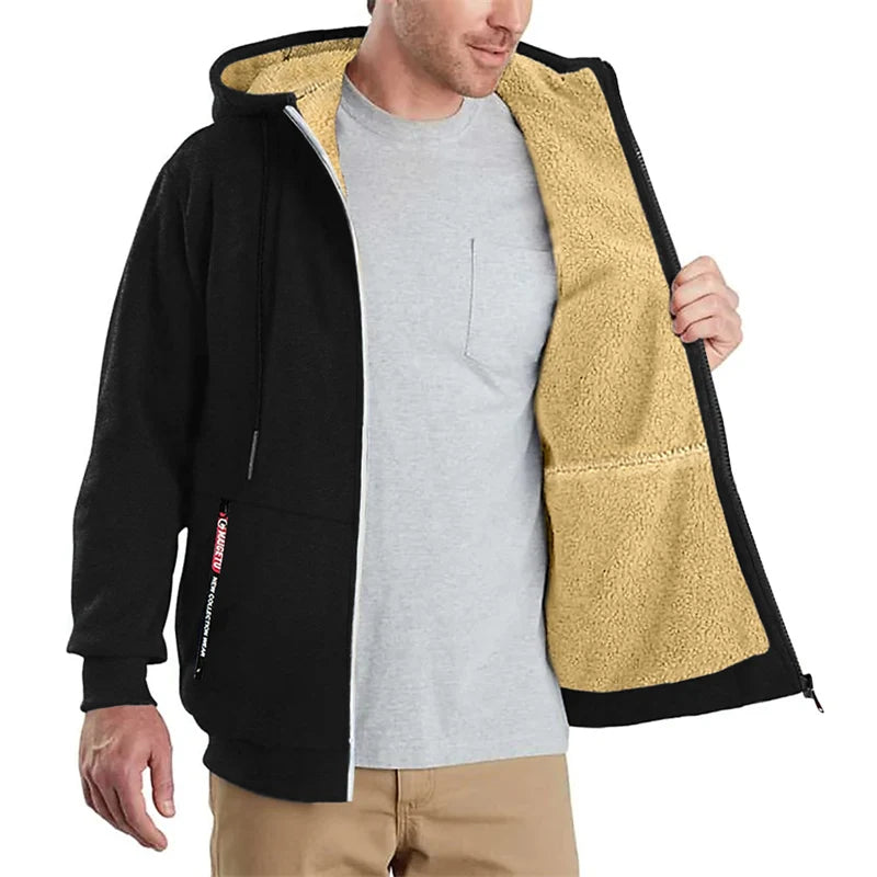Chaquetas para hombre estampadas con forro polar sherpa, abrigos cálidos de invierno de felpa con bolsillos con cremallera, sudadera con capucha y cremallera, conjuntos para exteriores