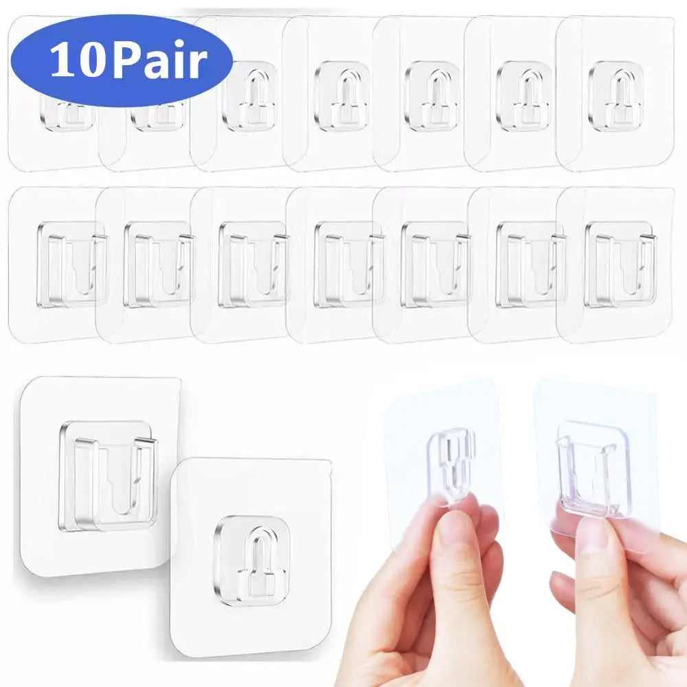 10 pares de ganchos de pared adhesivos fuertes, de doble cara, de gancho y bucle, adhesivos transparentes, ventosa