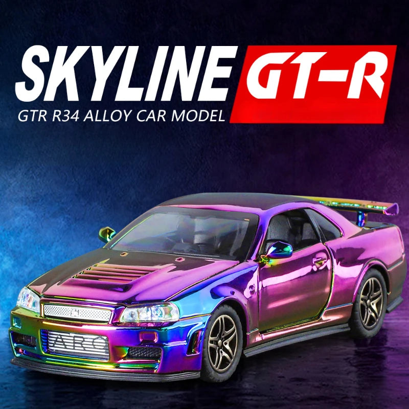 Nissan Skyline GTR-R34 - 1:32 Diecast Galvanized Sport Car Model with Sound and Light, Toy Vehicle Gift for Boys, Miniature Car