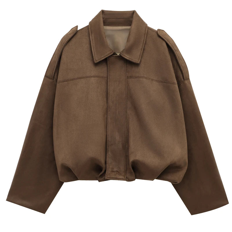 Veste bomber femme en daim — revers, fermeture éclair, manches longues, recadrée, 2025