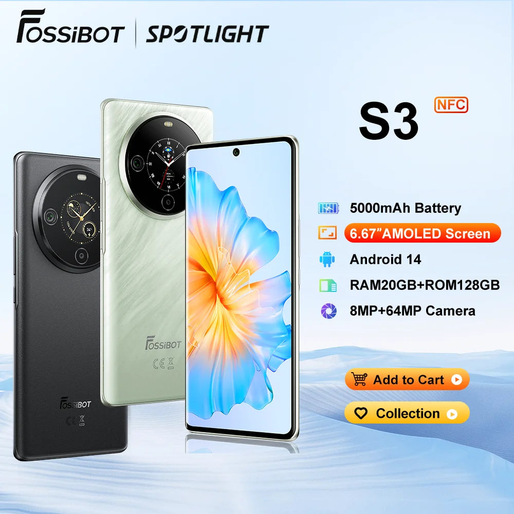 [Estreno mundial] Smartphone FOSSiBOT S3 PRO Pantalla AMOLED de 6,67" Android 14 Hasta 20 + 128 GB Móvil 8 + 64 MP CAM NFC Teléfono móvil