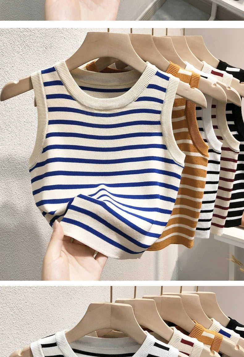 Débardeurs rayés tricotés sans manches pour femme, collection Printemps-Été 2026, style crop top, coupe ajustée élastique, décontracté, pull-over, camisole