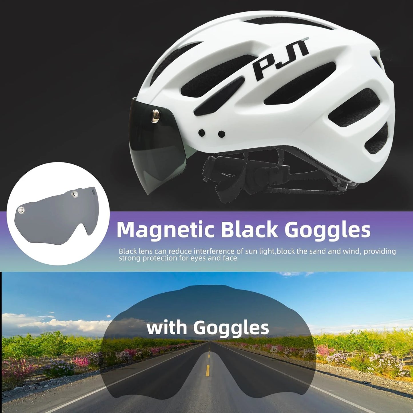 Casque vélo avec feu arrière LED USB rechargeable — lunettes de soleil intégrées, cyclisme route/VTT