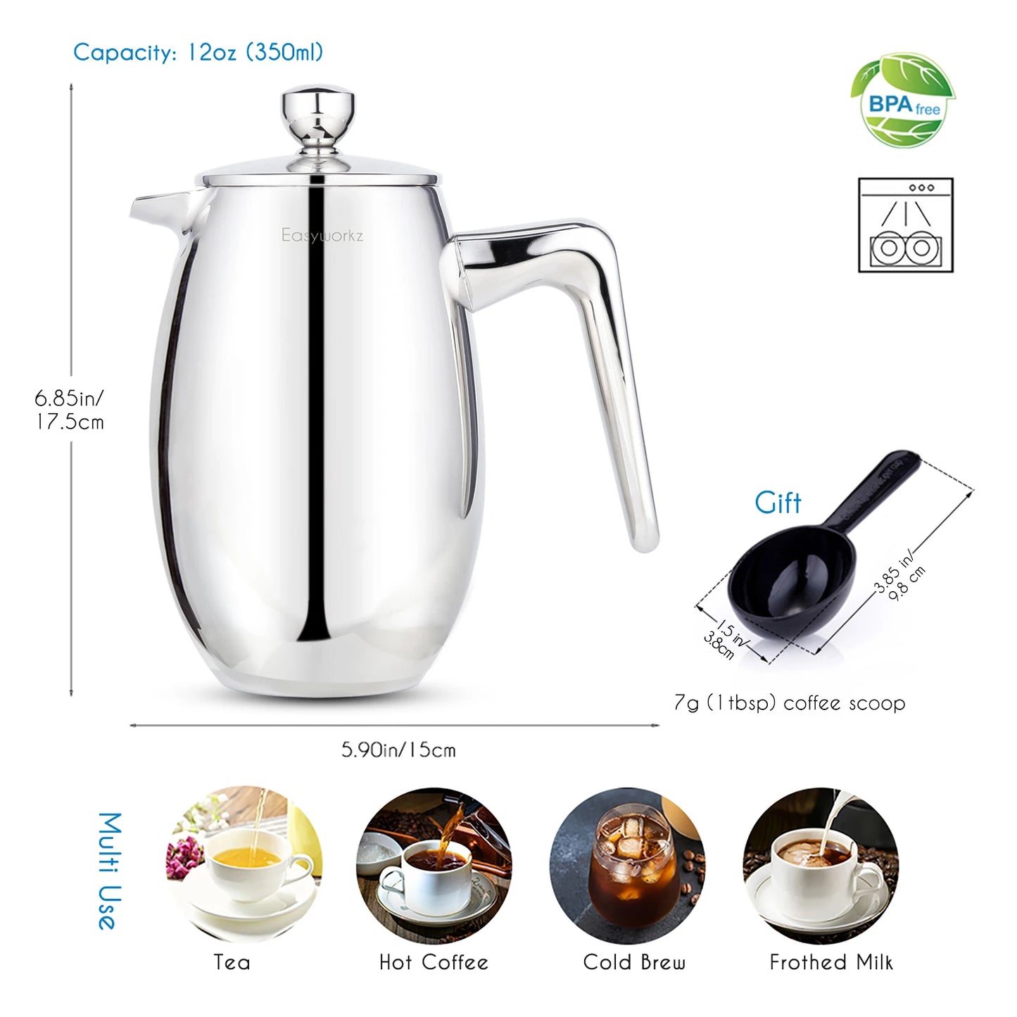 Easyworkz Nando Prensa francesa Cafetera térmica aislada de doble pared Cafetera de acero inoxidable 304