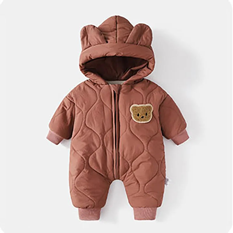 Baby Winter Outerwear, Fur Lined, Warm Infant Romper, Girl and Boy Cartoon Bear Jumpsuit
