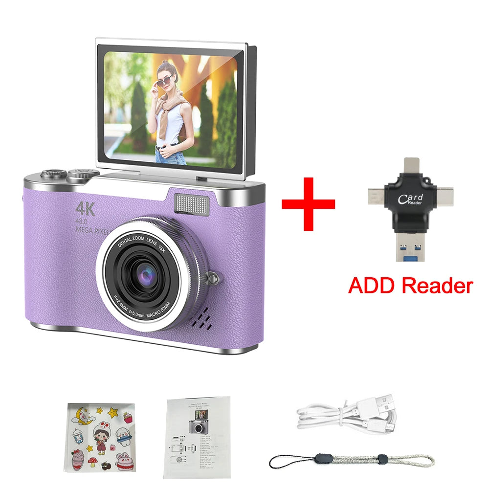 New 4K CCD 8X Digital Zoom Digital Camera for Students 48MP Compact Digital Photography Camera 180 Flip Screen Selfile Camera