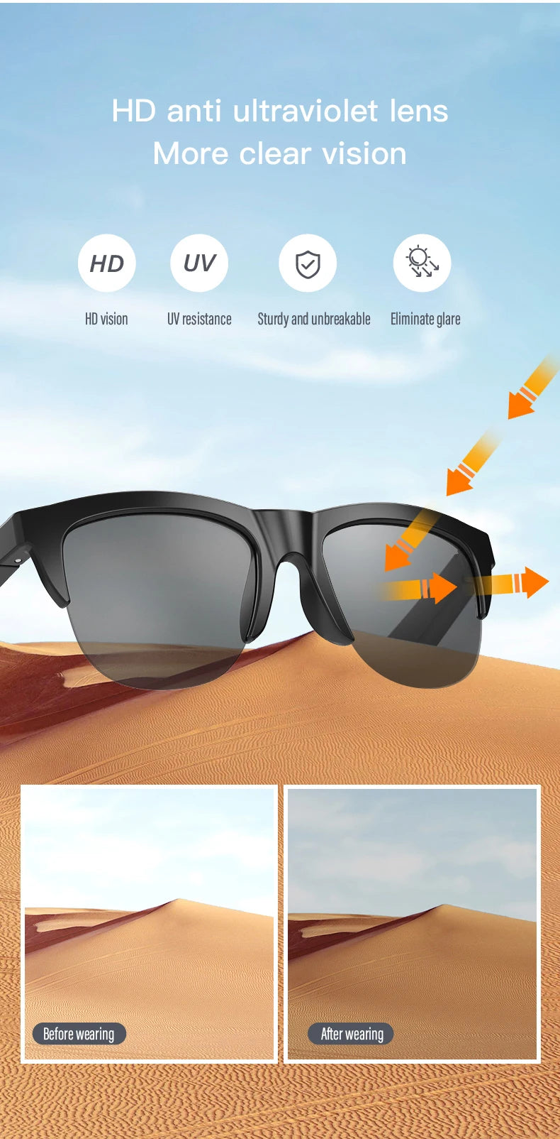 Lunettes de soleil intelligentes Bluetooth V5.3, casque d'appel pour Sports de plein air, technologie HIFI noire, Anti-touch UV pour hommes et femmes