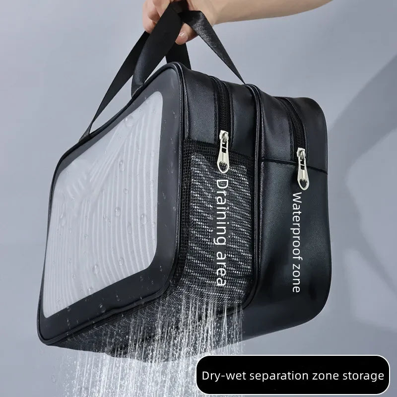 Sac de Maquillage PU Transparent — Séparation Sèche-Humide Voyage & Fitness