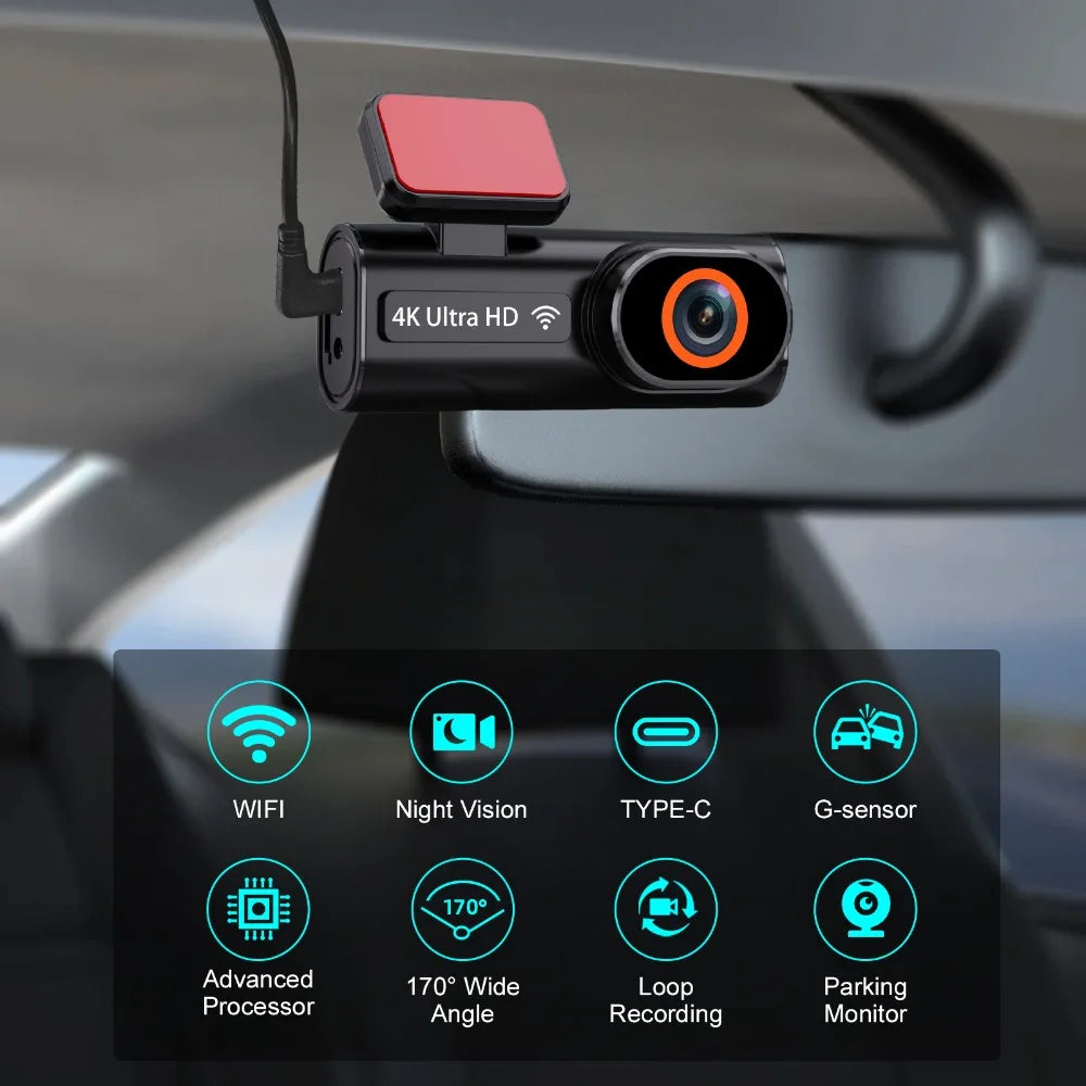 Ultra HD 4K Car Front Dash Cam, Mini WIFI DVR Black Box, with 24H Parking Monitor, Night Vision, Optional GPS/Rear View Camera
