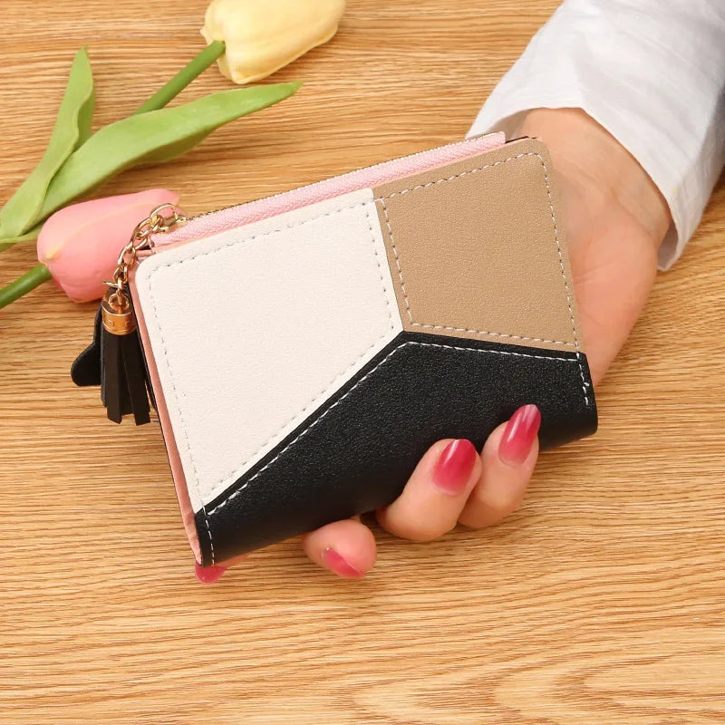 Monedero de mujer, cartera con cremallera, monedero corto para mujer, bolso de mano, cartera de cuero patchwork para mujer, tarjetero, cartera para teléfono