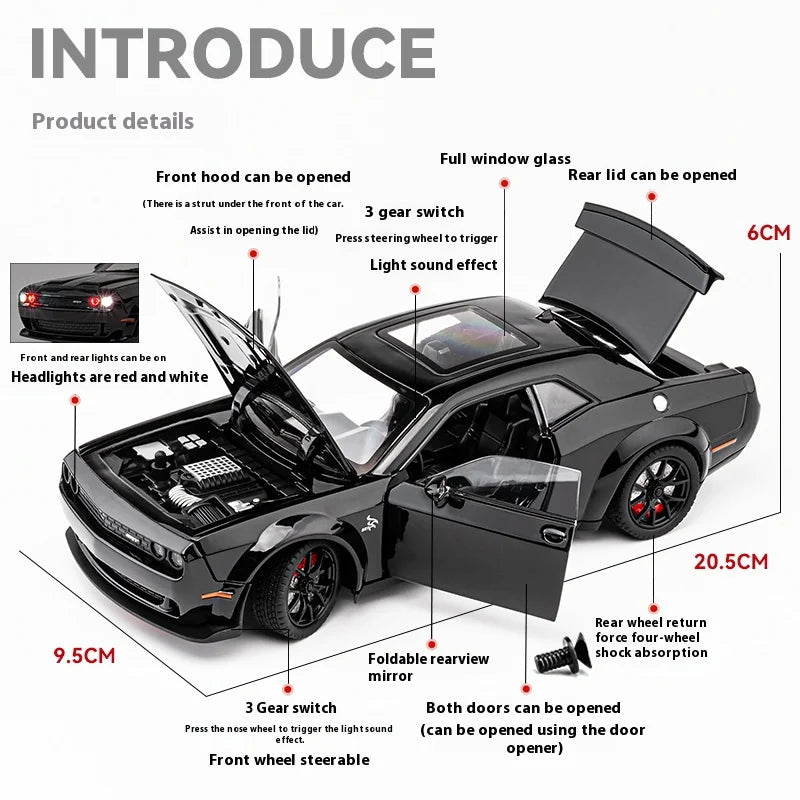 1:24 Challenger Hellcat Redeye Coche de aleación modelo sonido y luz Juguete para niños Regalo de cumpleaños Coche en miniatura