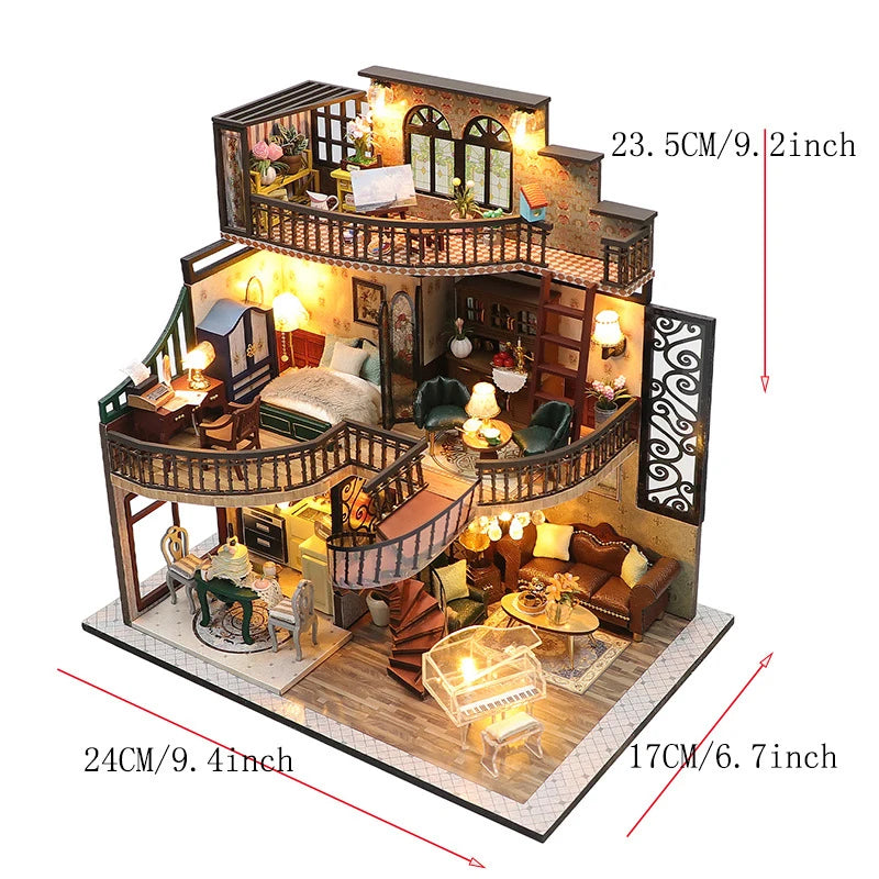 Wooden Dollhouse, Garden Model, 3D Puzzle, Assemble Building Kits, Toys, Bedroom Decor with LED Lights, Dollhouse Gift, DIY
