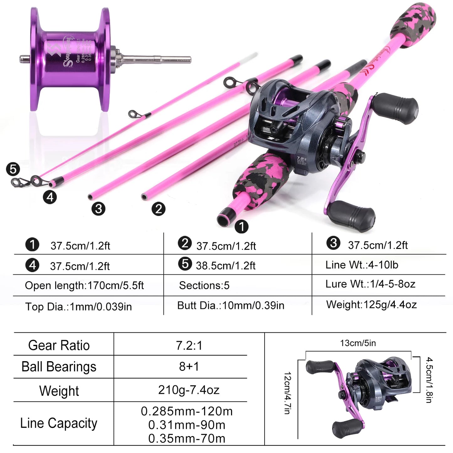 Sougayilang leurre pêche Combo 5 Sections 170CM canne à pêche en Fiber de carbone et 8 + 1BB Baitcasting moulinet voyage ensemble de pêche Pesca