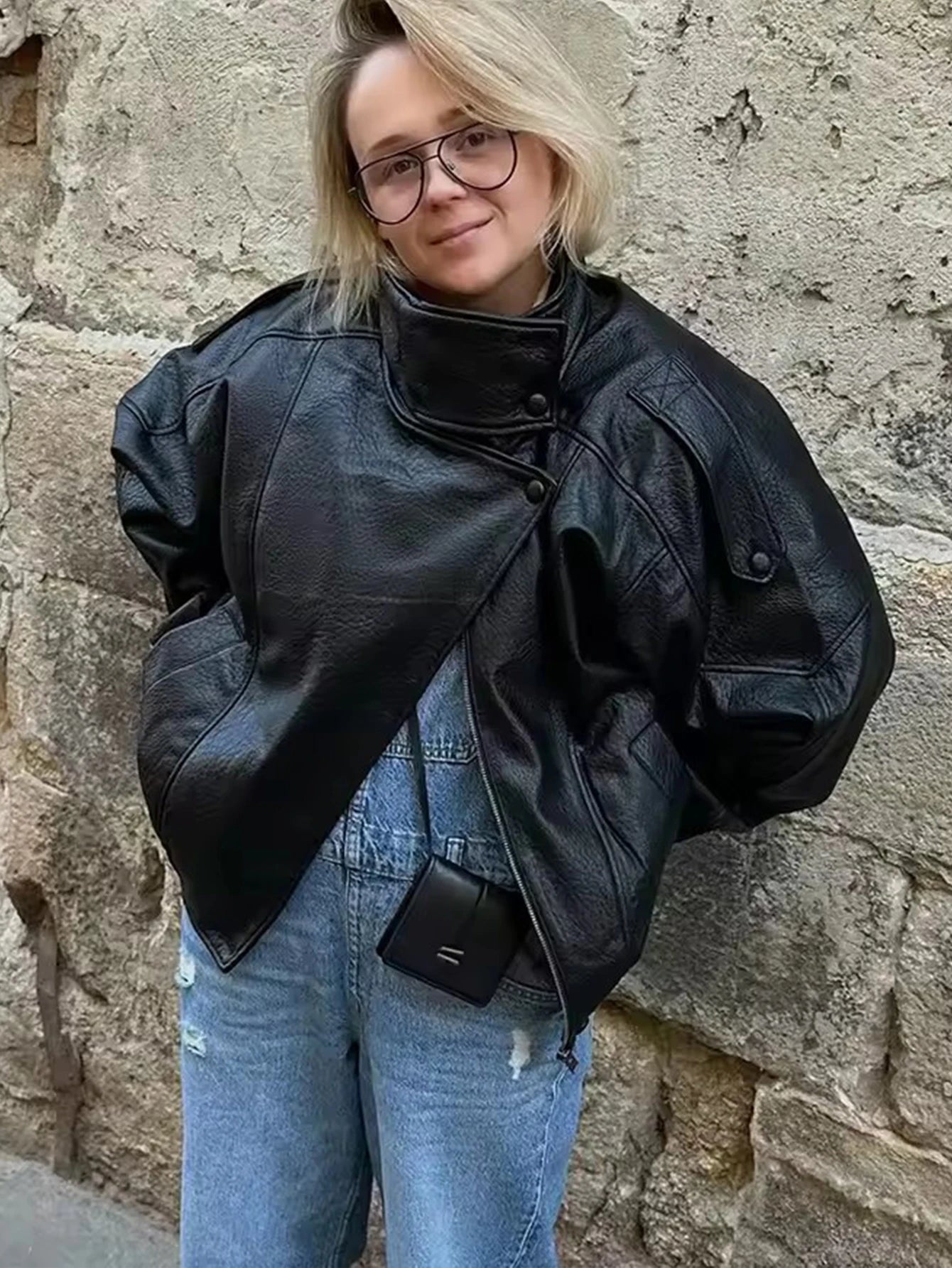 TFMLN – Women's Chic Black Faux Leather Jackets, Oversized Elastic Long Sleeve Button Coats, Autumn Winter Fashion 2025