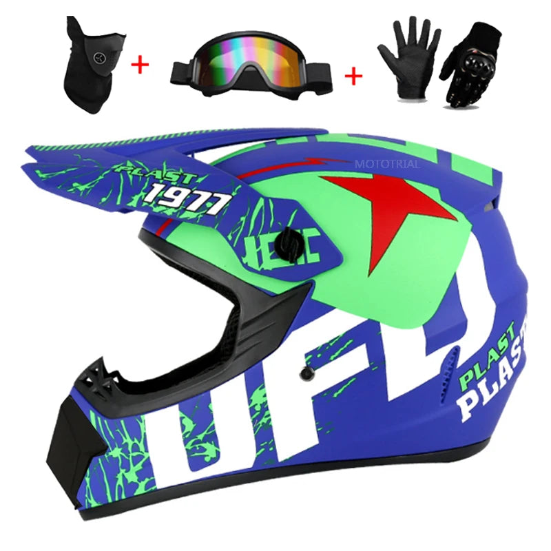 Kids Full Face Motorcycle Helmet, Youth Motocross Helmets, Off-Road Goggles, Cycling Protective Gloves