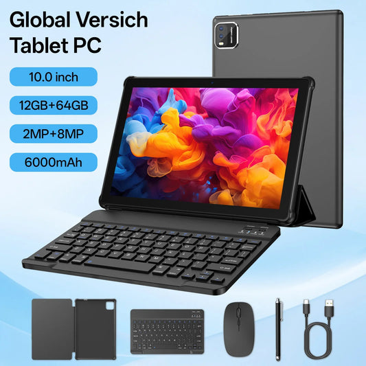 10-inch Tablet PC, Android 15 system, Quad-Core Processor, 12 (3+9) GB + 64 GB Storage, Expandable up to 1TB, Supports WiFi 6,