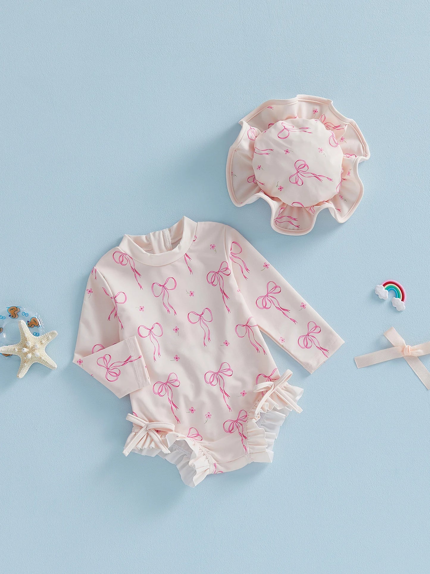 Maillot de bain pour bébé fille, protection contre les éruptions cutanées, imprimé nœud, à volants, manches longues, col rond, vêtements de plage, combinaison et chapeau, ensemble 2 pièces