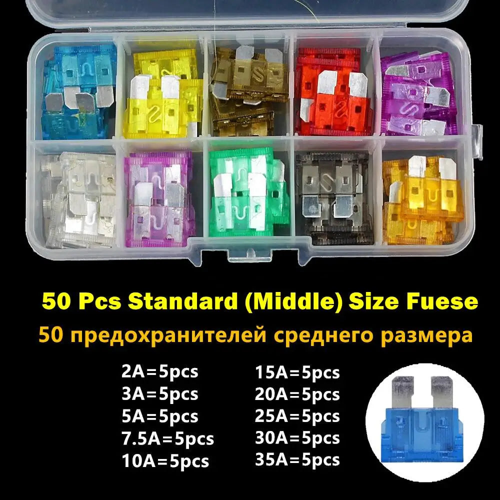Mini fusibles de voiture automatiques moyens 2A/3A/5A/7.5A/10A/15A/20A/25A/30A/35A Amp avec mallette de rangement, Kit de jeu de fusibles à lame d'assortiment