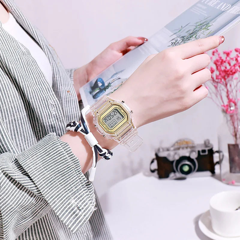 LED Transparent Digital Watch for Kids Men Women Square Small Luminous Dial Sport Electronic Wristwatch Kids Watch