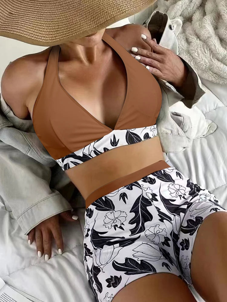 Ensemble de bikini halter 2026, maillot de bain court pour femme, maillot de bain taille haute imprimé, tenue de plage