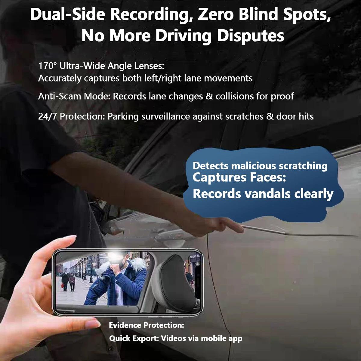 Dashcam 4 Canaux WiFi 360° — Stationnement 24H Intérieur Avant Arrière