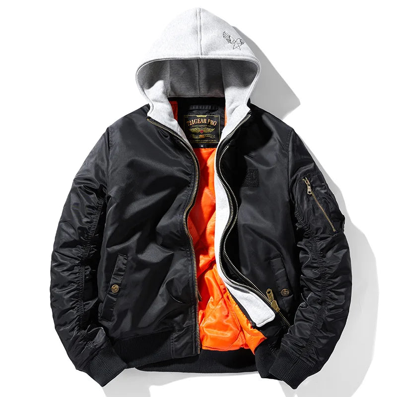 Men's Thick Hooded Bomber Jacket, Military Windbreaker, Multi-Pocket Air Force Coats, Autumn Streetwear, Baseball Jackets, Winter