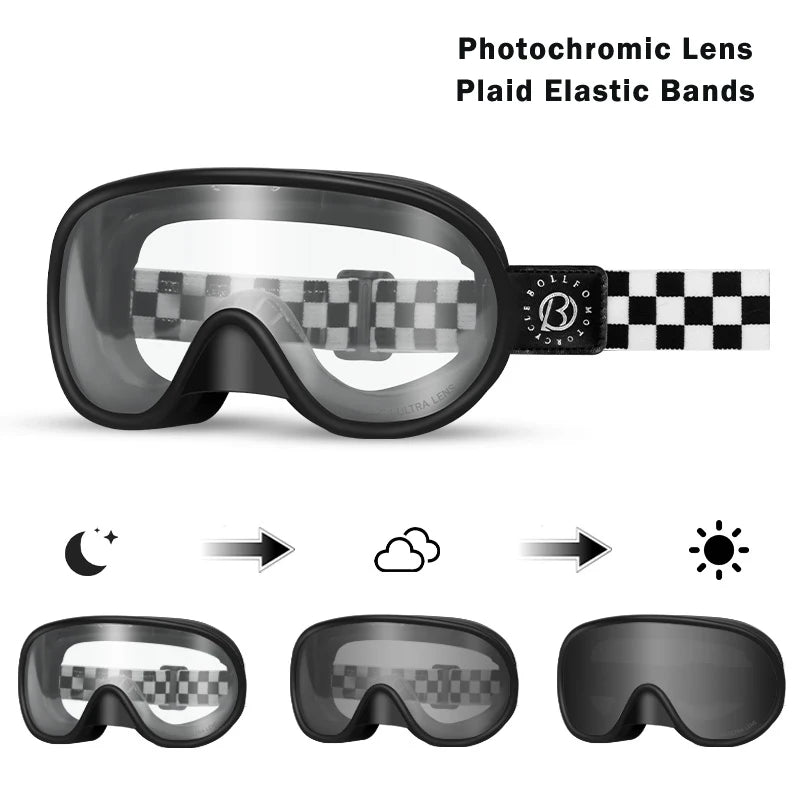 BOLLFO Vintage Photochromic Motorcycle Goggles Motocross Riding Gear UV400 Anti-Fog Ski Snowmobile Snowboard Goggles