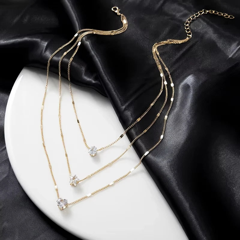 Women's Zircon Pendant Necklace, Multi-layer Chain, Choker, Fashionable, Shiny, Party Jewelry, Gift