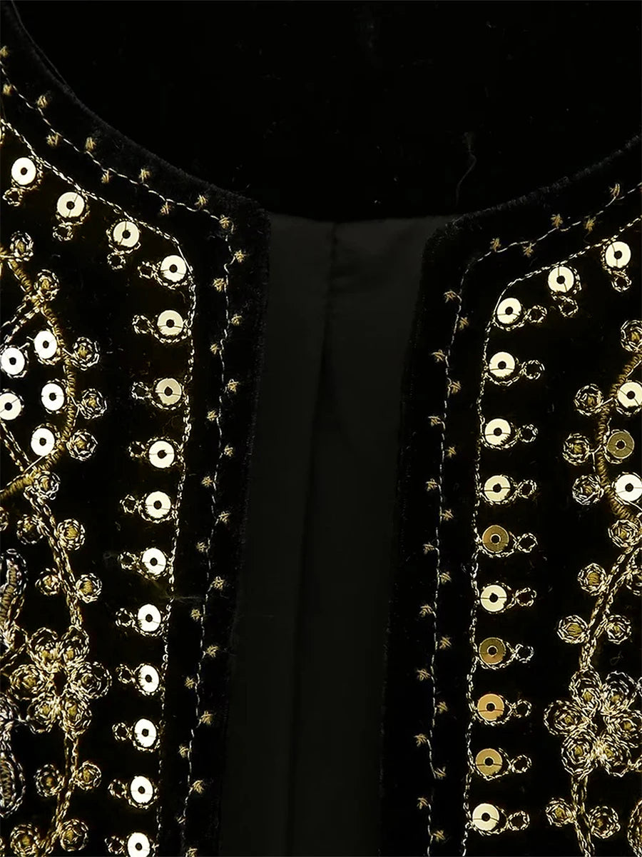 Gilet brodé noir Vintage à motif Floral pour femmes, sans manches, ouvert sur le devant, court polyvalent, vêtements d'extérieur y2k, Cardigan Boho court