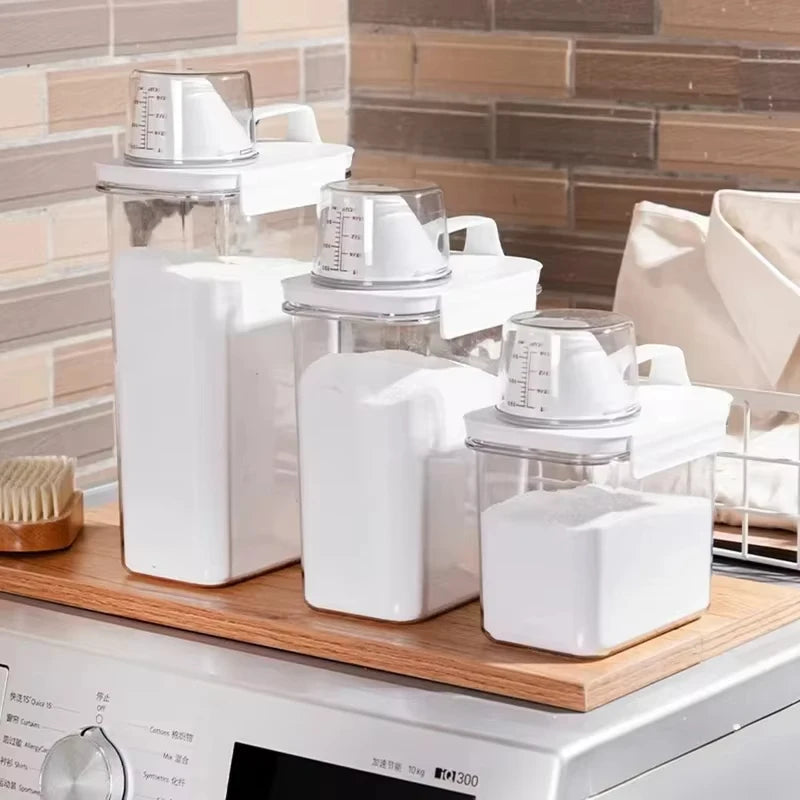 Airtight Laundry Detergent Dispenser, Powder Storage Box, Transparent Washing Powder Liquid Container with Lids, Jar