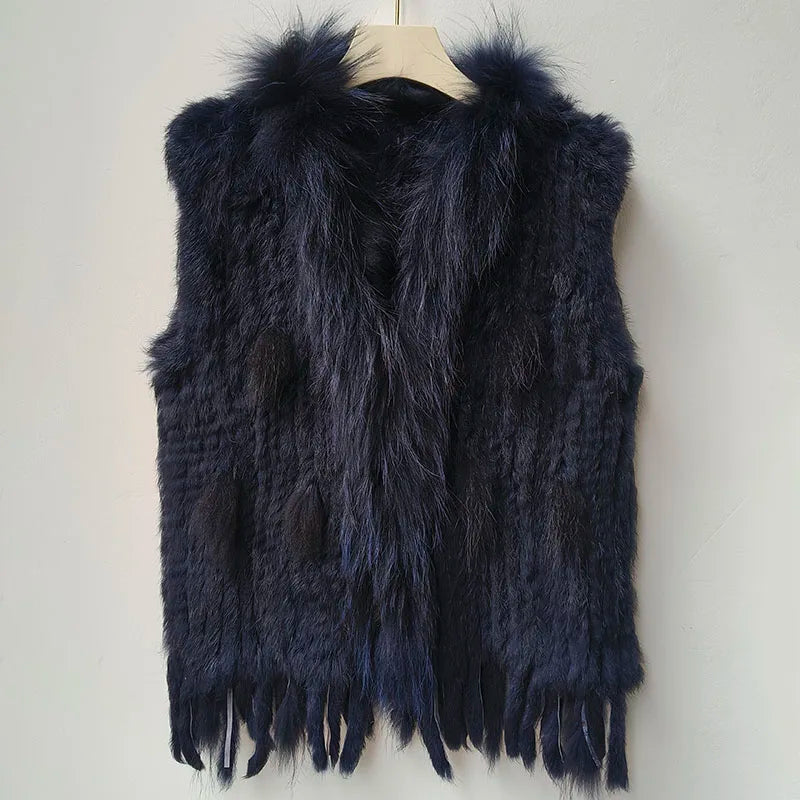 Chaleco de punto de piel de conejo natural auténtica con pompón, chaleco cálido sin mangas para mujer, con ribete de piel de mapache auténtica