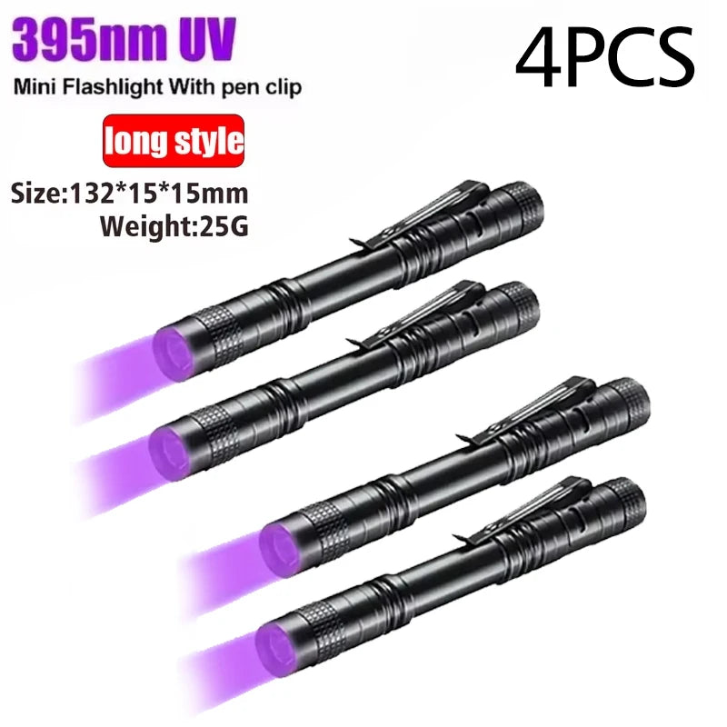 Linterna UV 395nm, antorcha ultravioleta con clip para bolígrafo, pilas AAA portátiles usadas, luz morada, detector de orina de mascotas y escorpiones, lámpara UV
