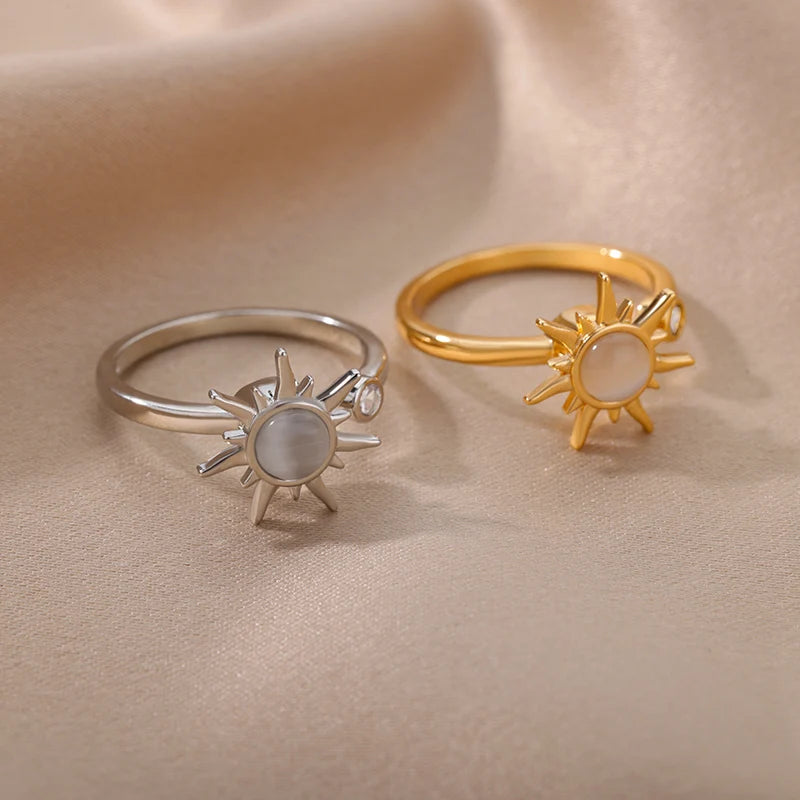 Women's Anti-Anxiety Ring, Stainless Steel, Sun Pendant, Spinner Fidget, Fashion Jewelry, Birthday Gift, Free Shipping
