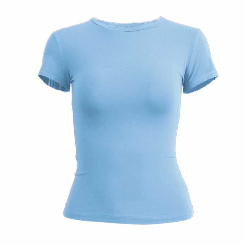 Women's Short Sleeve T-Shirt Slim Fit Tops for Women Round Neck Knitted Sheath T-Shirt Sporty Streetwear 2024 Y2K New2410