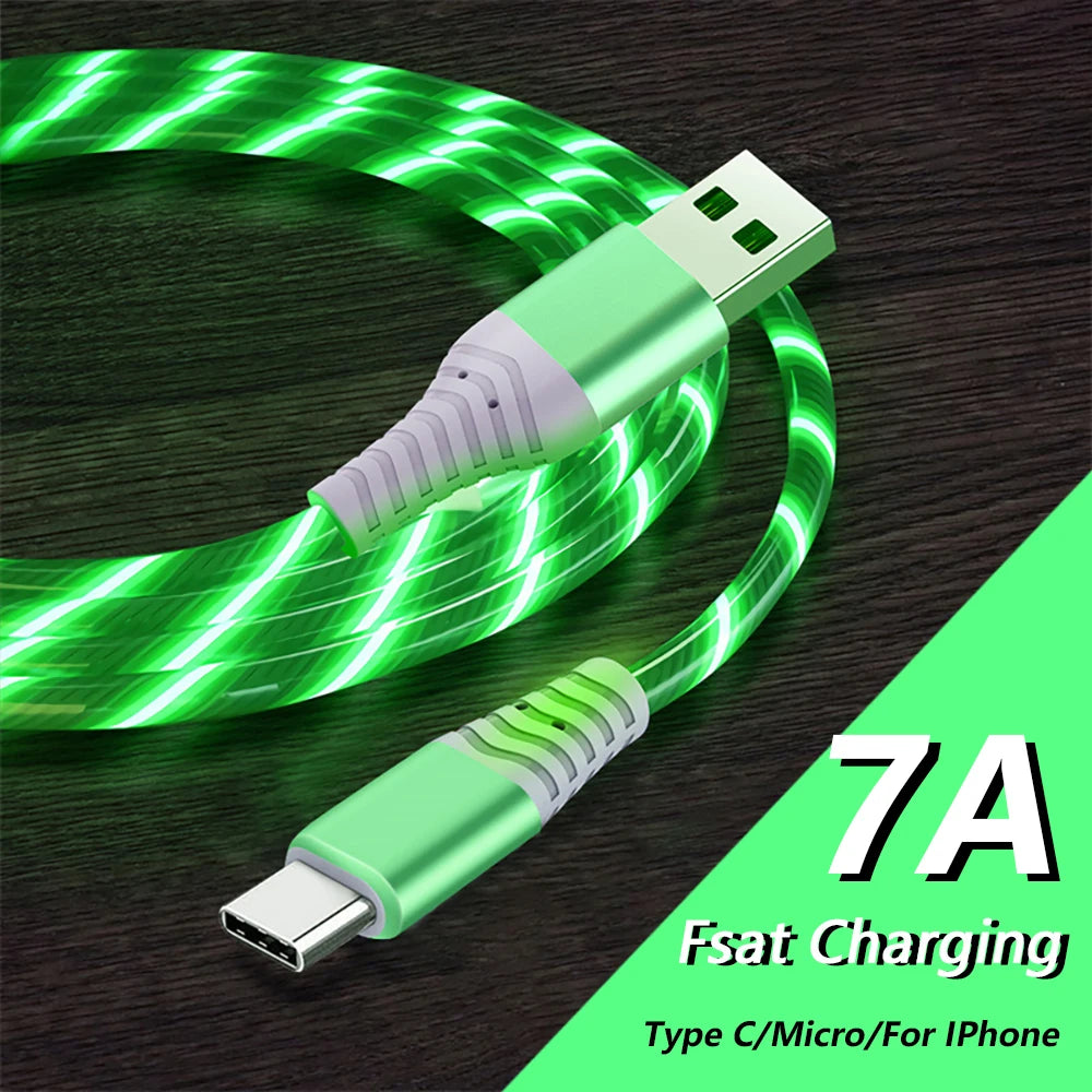 Câble USB Lumineux 7A — Charge Rapide Micro USB & Type-C LED Streamer