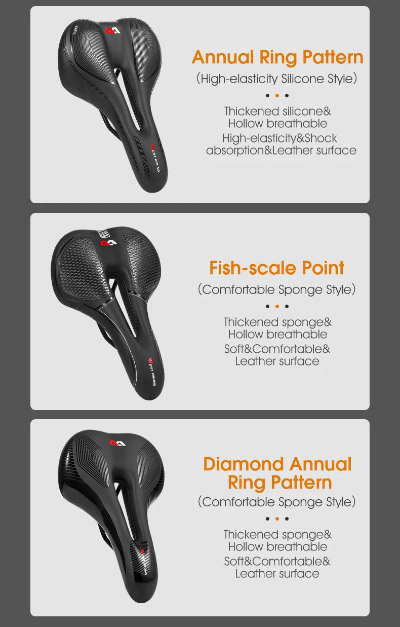 Selle vélo route et VTT en PU — respirante, souple, coussin ergonomique, course