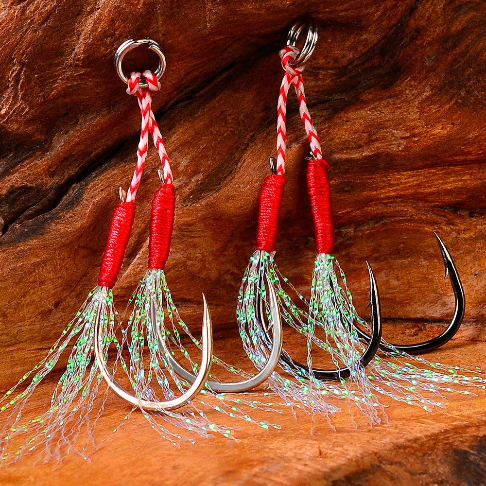 10 paire/lot crochet de pêche gabarit Double paire crochets fil barbelé plume accessoires Pesca acier à haute teneur en carbone leurre de pêche gabarits lent