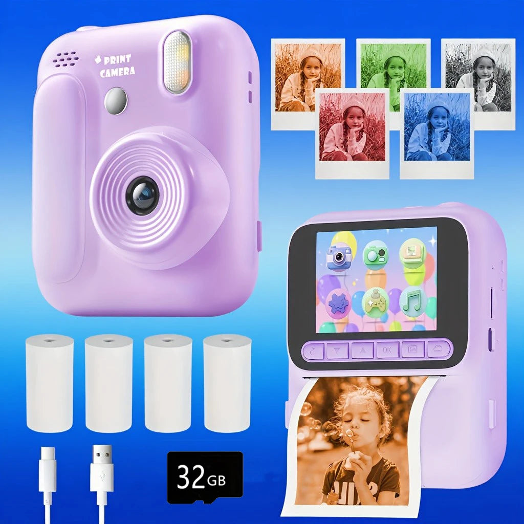 Instant Camera for Kids, Color Printing, 32GB, 1080P, Thermal Print Toy, Photo, Video Games, Music, Children's Gift