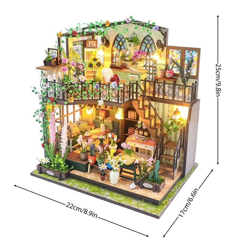 Wooden Dollhouse, Garden Model, 3D Puzzle, Assemble Building Kits, Toys, Bedroom Decor with LED Lights, Dollhouse Gift, DIY