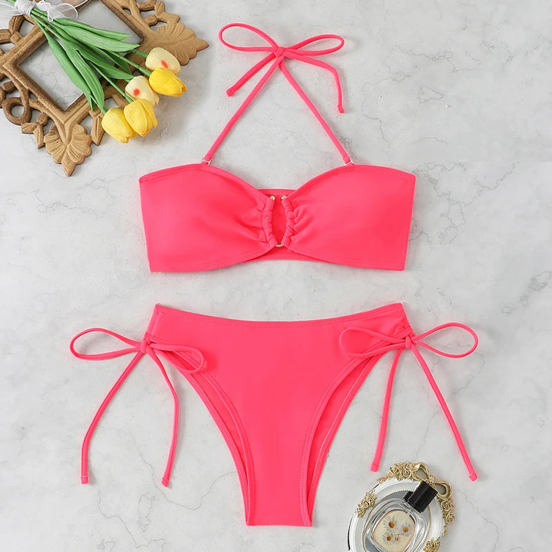 Maillot de bain bikini taille haute pour femme 2026, maillots de bain noués, maillots de bain femme, bandeau push-up, ensembles de bikinis, vêtements de plage brésiliens